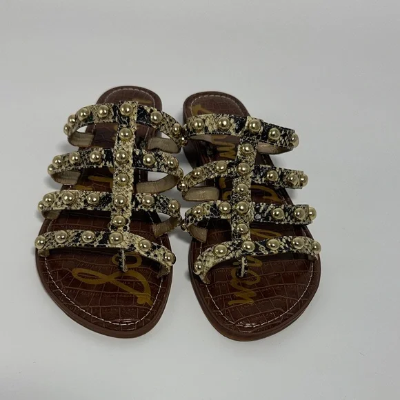 Sam Edelman Gold Studded Sandals Snake-Print Women’s SZ 9 Leather Strappy Flats - Picture 2 of 8